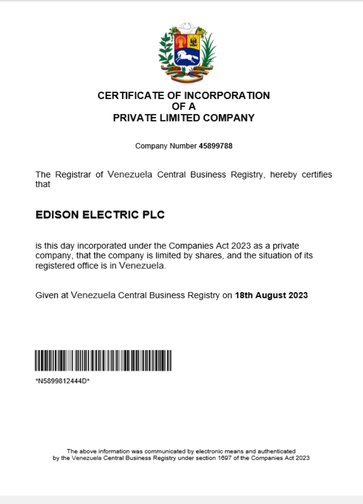 Venezuela business registration certificate Word and PDF template